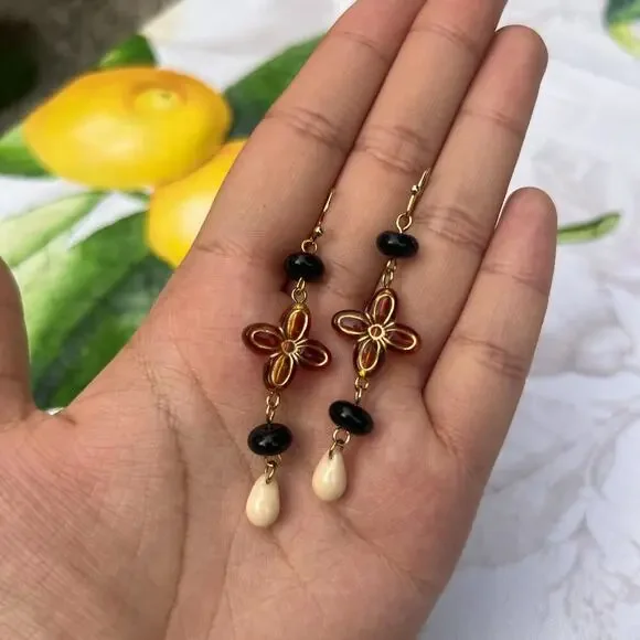 Amber Tone Cross Shape Earthy Boho Bohemian Stone Beige Western Casual Earrings - Picture 3 of 7